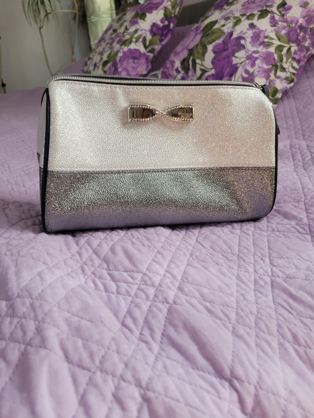 Victoria's Secret Silver Metallic Bow Cosmetic Pouch